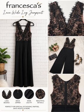 Francesca's Collections Black Lace V-Neck Wide Leg Jumpsuit